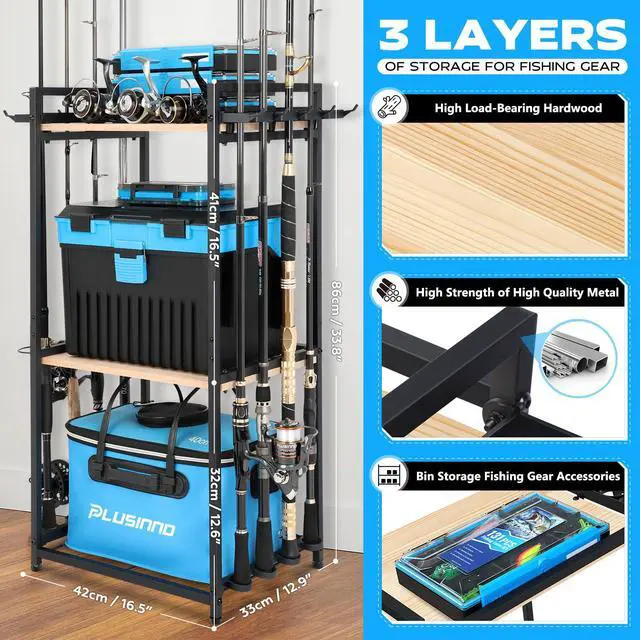 Alt view image 3 of 7 - 3 Tier Fishing Rod Holder, Fishing Pole Holders for Garage, Fishing Rod Rack Fishing Rod Storage Up to 8 Rods, Fishing Gear Tackle Box Fishing Equipment Organizers, Fishing Gifts for Men