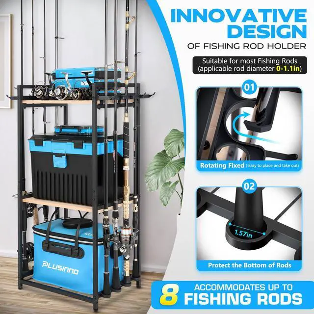 Alt view image 2 of 7 - 3 Tier Fishing Rod Holder, Fishing Pole Holders for Garage, Fishing Rod Rack Fishing Rod Storage Up to 8 Rods, Fishing Gear Tackle Box Fishing Equipment Organizers, Fishing Gifts for Men
