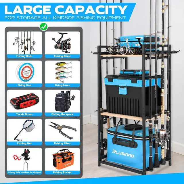 Alt view image 5 of 7 - 3 Tier Fishing Rod Holder, Fishing Pole Holders for Garage, Fishing Rod Rack Fishing Rod Storage Up to 8 Rods, Fishing Gear Tackle Box Fishing Equipment Organizers, Fishing Gifts for Men