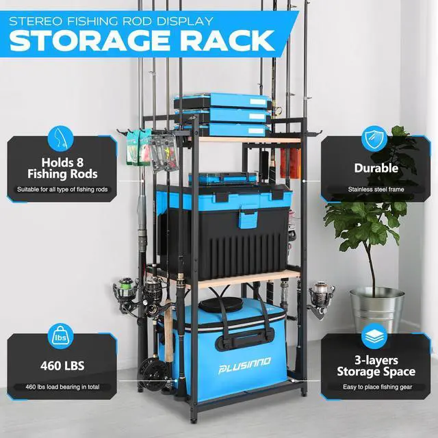 Alt view image 7 of 7 - 3 Tier Fishing Rod Holder, Fishing Pole Holders for Garage, Fishing Rod Rack Fishing Rod Storage Up to 8 Rods, Fishing Gear Tackle Box Fishing Equipment Organizers, Fishing Gifts for Men