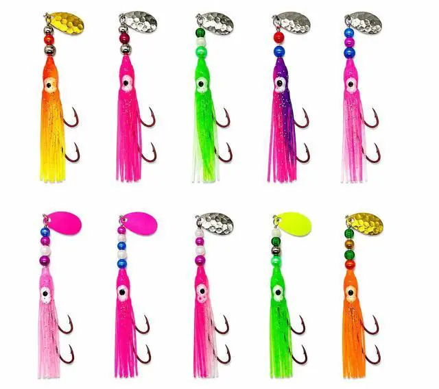 Main image of Squid Fishing Hoochies 10 Pack -Glow Fresh Water Kokanee Salmon Trolling Lures with Pre-Rigged Octopus Hooks - Spinner Blades, Synthetic Skirts Kokanee Hoochies for Salmon Fishing