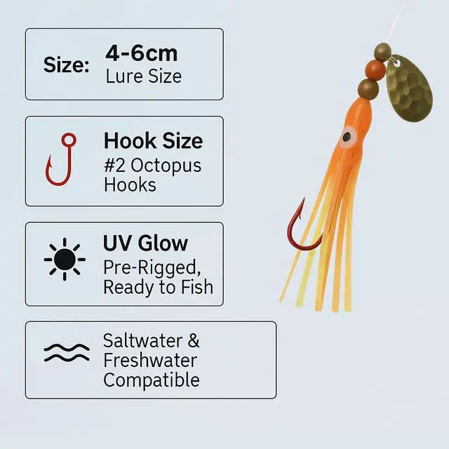 Alt view image 3 of 7 - Squid Fishing Hoochies 10 Pack -Glow Fresh Water Kokanee Salmon Trolling Lures with Pre-Rigged Octopus Hooks - Spinner Blades, Synthetic Skirts Kokanee Hoochies for Salmon Fishing