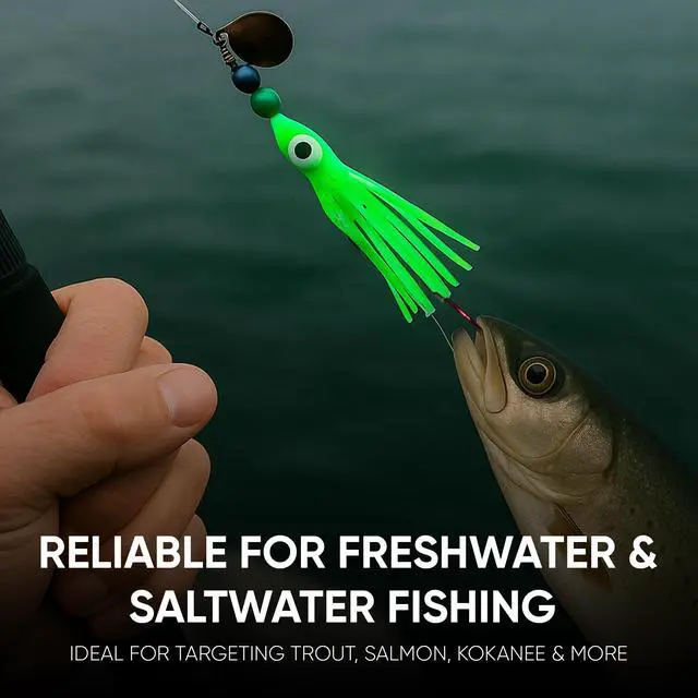 Alt view image 2 of 7 - Squid Fishing Hoochies 10 Pack -Glow Fresh Water Kokanee Salmon Trolling Lures with Pre-Rigged Octopus Hooks - Spinner Blades, Synthetic Skirts Kokanee Hoochies for Salmon Fishing