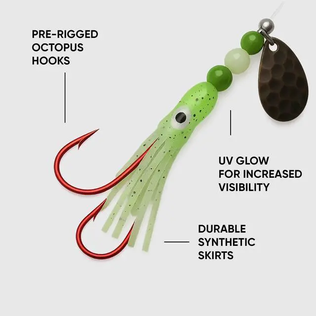 Alt view image 5 of 7 - Squid Fishing Hoochies 10 Pack -Glow Fresh Water Kokanee Salmon Trolling Lures with Pre-Rigged Octopus Hooks - Spinner Blades, Synthetic Skirts Kokanee Hoochies for Salmon Fishing