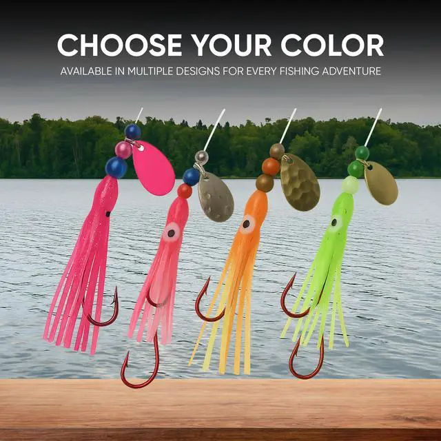 Alt view image 4 of 7 - Squid Fishing Hoochies 10 Pack -Glow Fresh Water Kokanee Salmon Trolling Lures with Pre-Rigged Octopus Hooks - Spinner Blades, Synthetic Skirts Kokanee Hoochies for Salmon Fishing