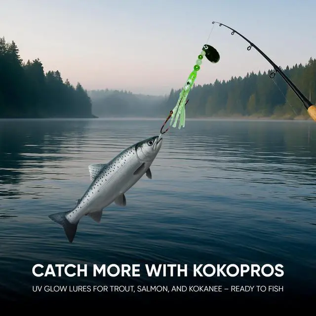 Alt view image 6 of 7 - Squid Fishing Hoochies 10 Pack -Glow Fresh Water Kokanee Salmon Trolling Lures with Pre-Rigged Octopus Hooks - Spinner Blades, Synthetic Skirts Kokanee Hoochies for Salmon Fishing