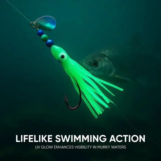 Alt view image 7 of 7 - Squid Fishing Hoochies 10 Pack -Glow Fresh Water Kokanee Salmon Trolling Lures with Pre-Rigged Octopus Hooks - Spinner Blades, Synthetic Skirts Kokanee Hoochies for Salmon Fishing