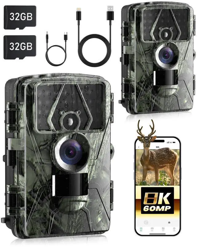 Main image of 2Pack Trail Camera WiFi 60MP/8k Game Camera with No Glow Night Vision Waterproof,0.05s Trigger Motion Activated Hunting Camera for Outdoor Wildlife Deer Scouting,Monitoring Home Security
