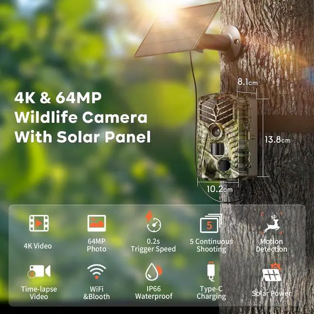 Alt view image 2 of 7 - Trail Camera WiFi - Solar Powered 4K 64MP Game Cameras with Night Vision Motion Activated Waterproof, IP66 120° Detection Angle 0.2s Trigger 940nm No Glow LED Wildlife