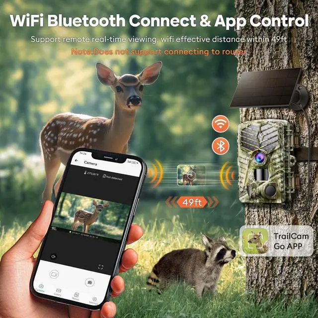 Alt view image 3 of 7 - Trail Camera WiFi - Solar Powered 4K 64MP Game Cameras with Night Vision Motion Activated Waterproof, IP66 120° Detection Angle 0.2s Trigger 940nm No Glow LED Wildlife