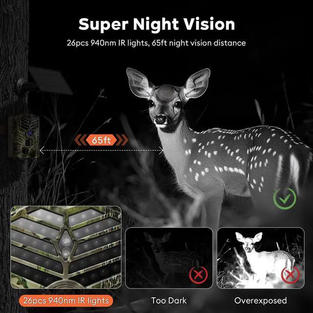 Alt view image 6 of 7 - Trail Camera WiFi - Solar Powered 4K 64MP Game Cameras with Night Vision Motion Activated Waterproof, IP66 120° Detection Angle 0.2s Trigger 940nm No Glow LED Wildlife