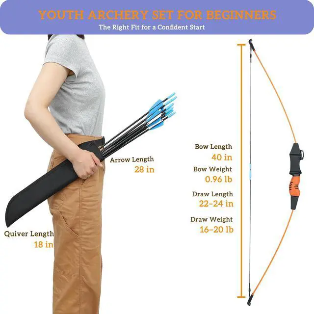 Alt view image 2 of 7 - 40" Youth Bow and Arrow Set for Kids 8-12 & Teens - Ambidextrous Recurve Archery Gear with Safety Arrows - Toys for Ages 8-13, Backyard Games Gift for Beginner Archers
