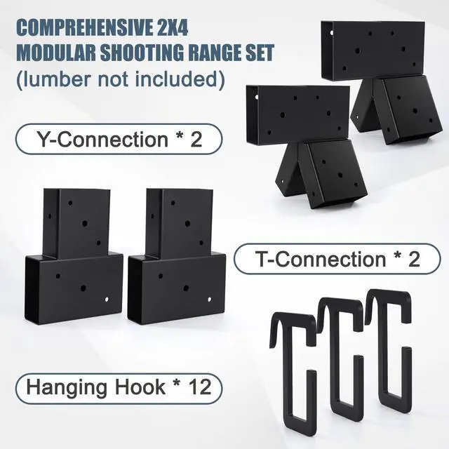 Alt view image 2 of 7 - 2x4 Target Stand Brackets Set for Shooting & Archery Ranges | Heavy-Duty Steel Y & T Connectors with 12 Hanger Hooks, Modular Shooting Target Hanger for AR500 Steel Targets