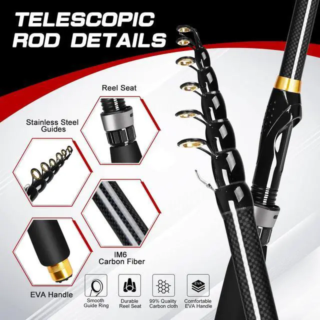 Alt view image 2 of 7 - 6.89ft Fishing Rod and Reel Combo, 2PCS Telescopic Carbon Fiber Fishing Rod, Spinning Reels *2, Fishing Line *2, Fishing Hooks Bait Set, Portable Fishing Pole Set with Carrier Bag