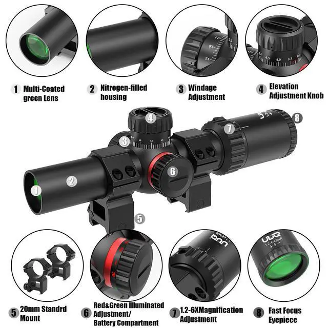 Alt view image 6 of 7 - 1.2-6x24 Rifle Scope,MOA Reticle,Clear Green-Coated Lens,Tactical Compact LPVO, R/G Dual-Color with 5 Levels Brightness, Turret Lock Features Ideal for Hunting Scope