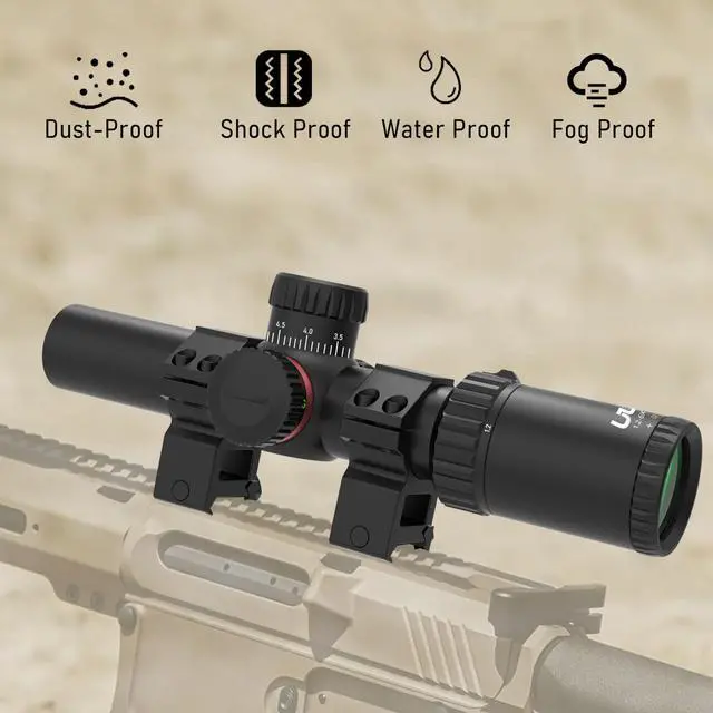 Alt view image 7 of 7 - 1.2-6x24 Rifle Scope,MOA Reticle,Clear Green-Coated Lens,Tactical Compact LPVO, R/G Dual-Color with 5 Levels Brightness, Turret Lock Features Ideal for Hunting Scope