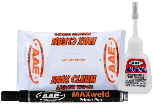 Main image of Arizona Archery Enterprises MAX Adhesion KIT Fletching Glue, Primer Pen, Arrow Wipes for Vanes Fletches Application AAE