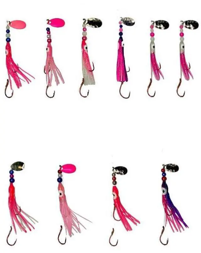 Main image of Squid Fishing Hoochies 10 Pack -Glow Fresh Water Kokanee Salmon Trolling Lures with Pre-Rigged Octopus Hooks - Spinner Blades, Synthetic Skirts Kokanee Hoochies for Salmon Fishing