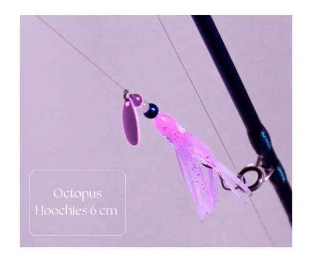 Alt view image 5 of 7 - Squid Fishing Hoochies 10 Pack -Glow Fresh Water Kokanee Salmon Trolling Lures with Pre-Rigged Octopus Hooks - Spinner Blades, Synthetic Skirts Kokanee Hoochies for Salmon Fishing