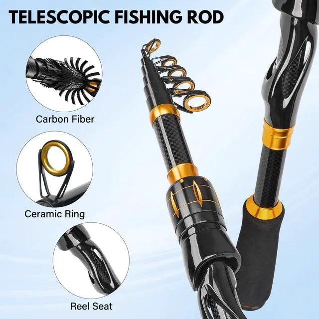 Alt view image 2 of 7 - Telescoping Fishing Rod and Reel Combo with Backpack, Carbon Fiber Travel Fishing Pole Spinning Reel Kit with Fishing Lures, Fishing Tools Kit for Men
