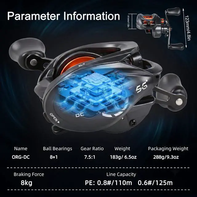 Alt view image 3 of 7 - DC Baitcaster Reel, Smart Digital Anti Backlash Baitcasting Reel, 7.5:1 High Speed, 8+1 Bearings, 18LB Max Drag, CNC Aluminum Spool, Line Out Alarm, Low Profile Fishing Reel for Bass & Beginners