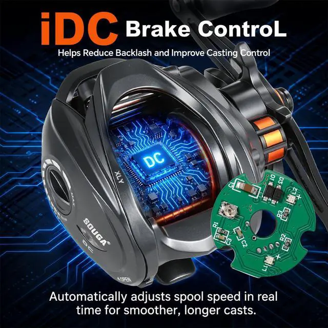 Alt view image 7 of 7 - DC Baitcaster Reel, Smart Digital Anti Backlash Baitcasting Reel, 7.5:1 High Speed, 8+1 Bearings, 18LB Max Drag, CNC Aluminum Spool, Line Out Alarm, Low Profile Fishing Reel for Bass & Beginners
