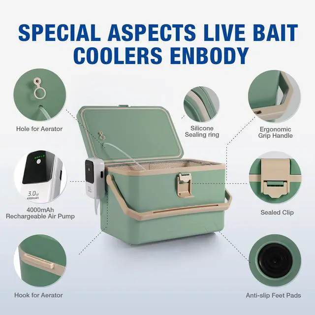 Alt view image 4 of 6 - Fishing Cooler 11QT/15QT Live Bait Cooler with 4000mAh Rechargeable Aerator for Fishing,Bait Bucket for Live Fish Shrimp,Portable Minnow Bucket for Boat Outdoors
