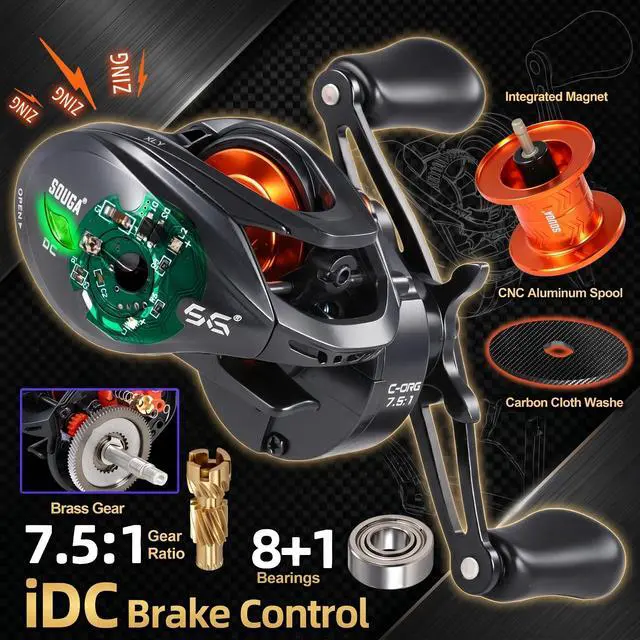 Alt view image 2 of 7 - DC Baitcaster Reel, Smart Digital Anti Backlash Baitcasting Reel, 7.5:1 High Speed, 8+1 Bearings, 18LB Max Drag, CNC Aluminum Spool, Line Out Alarm, Low Profile Fishing Reel for Bass & Beginners