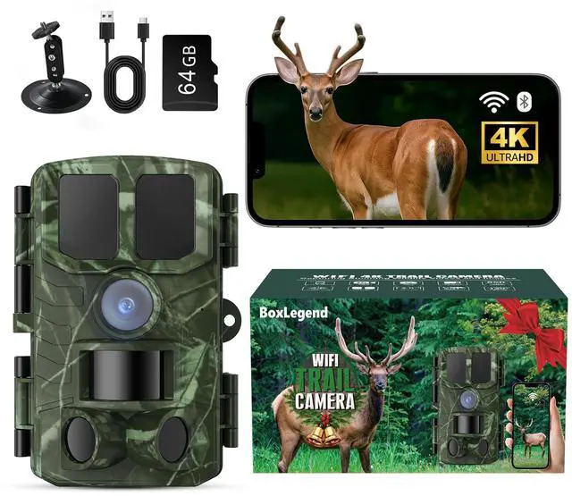 Main image of Trail Camera WiFi 4K 48MP with 64GB Memory Card Game Cameras with Night Vision Motion Activated Waterproof Trigger Speed Wide Angle for Outdoor and Backyard