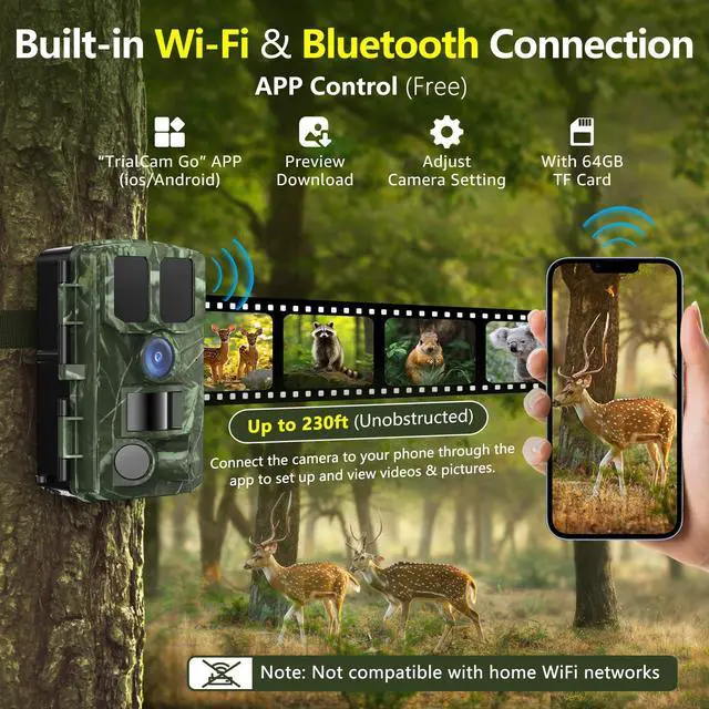 Alt view image 4 of 7 - Trail Camera WiFi 4K 48MP with 64GB Memory Card Game Cameras with Night Vision Motion Activated Waterproof Trigger Speed Wide Angle for Outdoor and Backyard