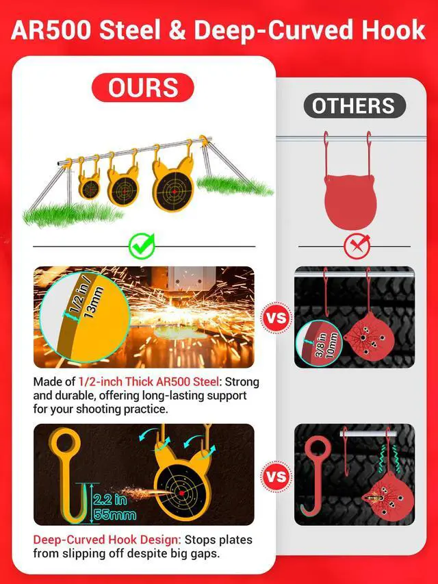 Alt view image 3 of 7 - AR500 Steel Target Combo Set, 3PC 4/6/8 Gong Shooting Targets Hanging Kit, Includes Hooks, Lock Pins, Leg Brackets, Paper Targets, Fits 1" OD EMT Conduit