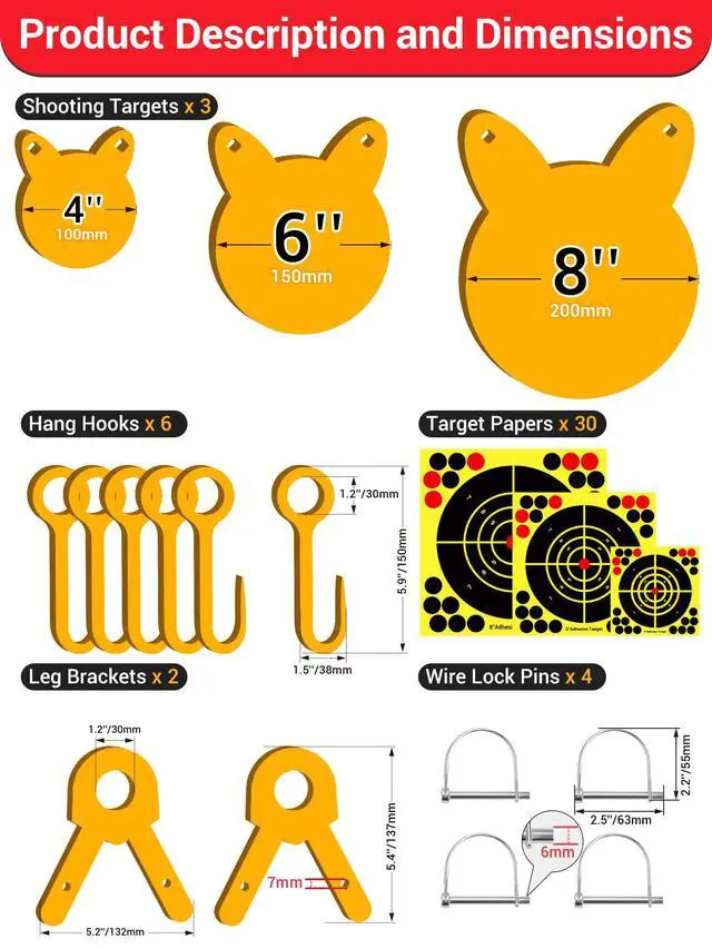Alt view image 4 of 7 - AR500 Steel Target Combo Set, 3PC 4/6/8 Gong Shooting Targets Hanging Kit, Includes Hooks, Lock Pins, Leg Brackets, Paper Targets, Fits 1" OD EMT Conduit