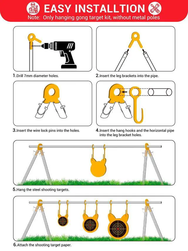 Alt view image 6 of 7 - AR500 Steel Target Combo Set, 3PC 4/6/8 Gong Shooting Targets Hanging Kit, Includes Hooks, Lock Pins, Leg Brackets, Paper Targets, Fits 1" OD EMT Conduit