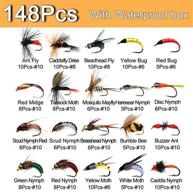 Alt view image 2 of 7 - OutdoorFishing Fly Fishing Flies Kit Fly Assortment Trout Bass Fishing with Fly Box, 33/48/72/100/114/148pcs with Dry/Wet Flies, Nymphs, Streamers, Popper
