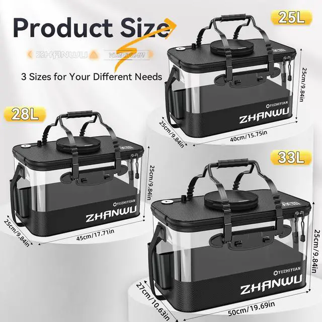 Alt view image 3 of 7 - Fishing Bucket Foldable, 6Gallon/10Gallon Live Bait Bucket,Thickened EVA Transparent Lid Live Fish Container with Aeration Hole, Live Bait Bucket for Camping, Fishing Day(Black)