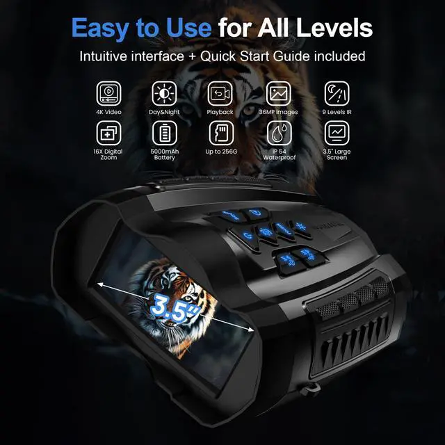 Alt view image 7 of 7 - Night Vision Goggles, 4K Binoculars with Camera, 3.5" HD Display and 32GB TF Card, 9 Gear Night Vision, 16X Digital Zoom, 5000mAh Battery Nightvision
