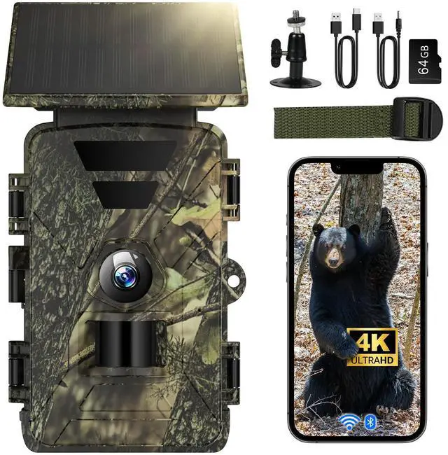 Main image of Solar Trail Camera WiFi 4K 60MP with 64GB Memory Card Game Cameras with Night Vision Motion Activated Waterproof Trigger Speed Trail Cam Wide Angle Wildlife Camera for Backyard and Outdoor