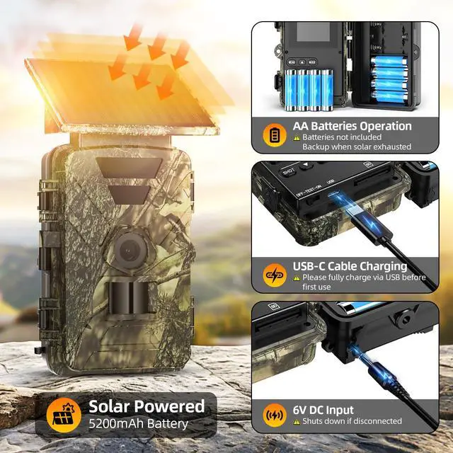 Alt view image 5 of 7 - Solar Trail Camera WiFi 4K 60MP with 64GB Memory Card Game Cameras with Night Vision Motion Activated Waterproof Trigger Speed Trail Cam Wide Angle Wildlife Camera for Backyard and Outdoor