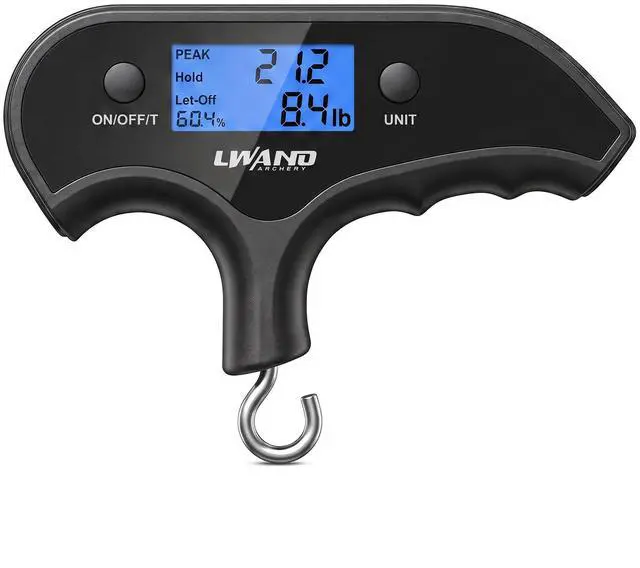 Main image of Archery Draw Weight Scale Max 110 Lbs for Compound Bow Tuning | Peak hold function, backlit LCD display, 110 lbs measuring range, lightweight handheld scale for archery bow tuning