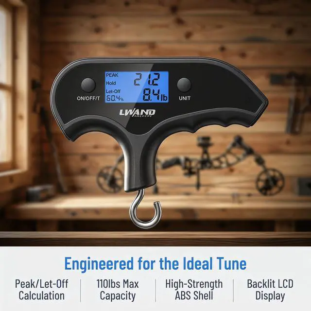 Alt view image 3 of 7 - Archery Draw Weight Scale Max 110 Lbs for Compound Bow Tuning | Peak hold function, backlit LCD display, 110 lbs measuring range, lightweight handheld scale for archery bow tuning