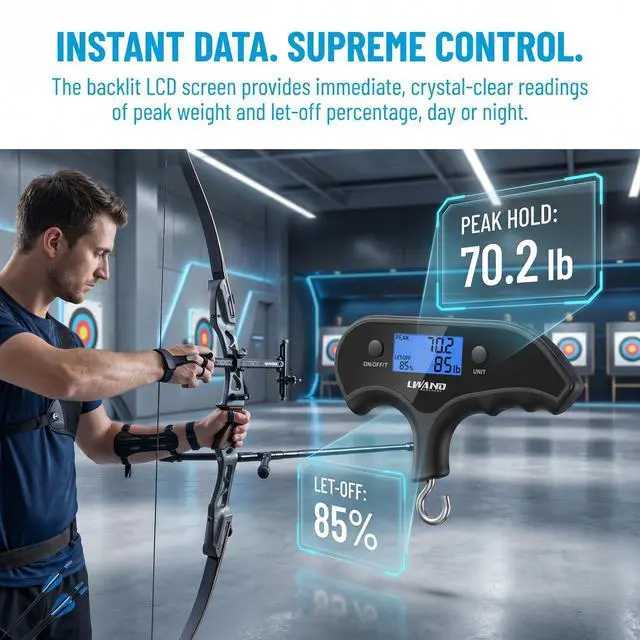 Alt view image 4 of 7 - Archery Draw Weight Scale Max 110 Lbs for Compound Bow Tuning | Peak hold function, backlit LCD display, 110 lbs measuring range, lightweight handheld scale for archery bow tuning