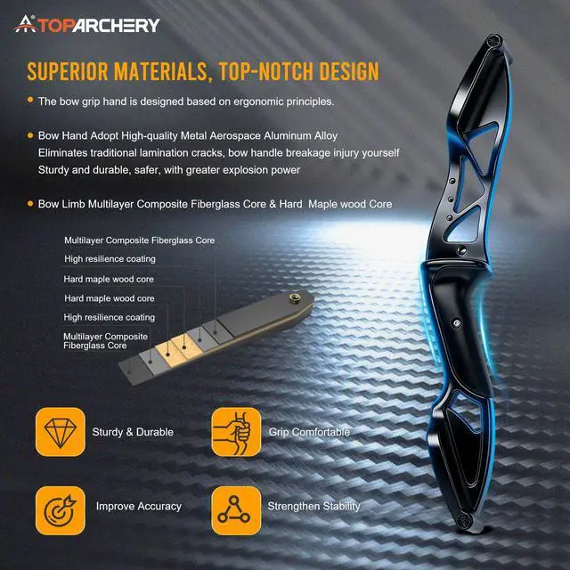 Alt view image 2 of 7 - Archery 56" Takedown Hunting Recurve Bow Metal Riser Right Hand Longbow