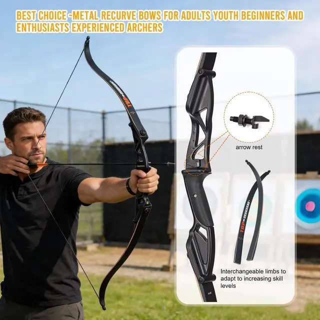 Alt view image 4 of 7 - Archery 56" Takedown Hunting Recurve Bow Metal Riser Right Hand Longbow