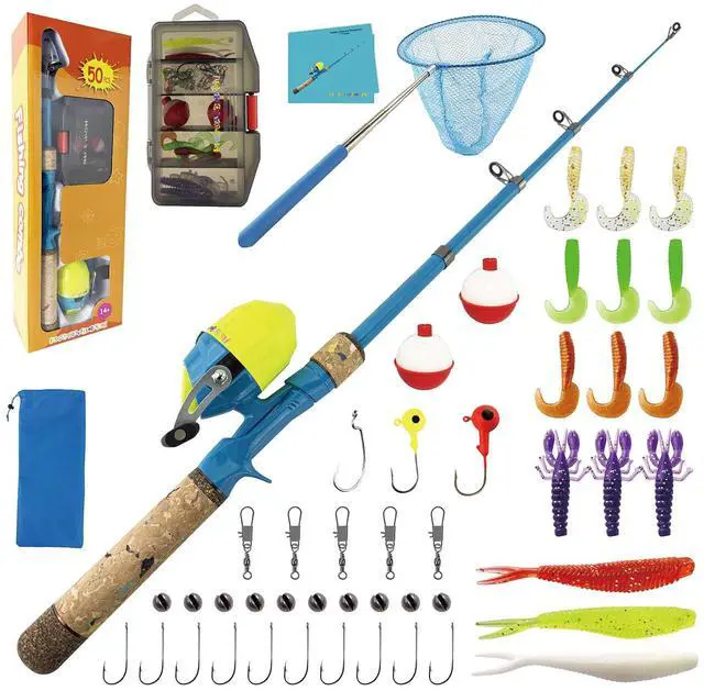 Main image of Kids Rod Set, Kids Fishing Rod and Reel Combo and Fishing Net Tackle Box with Fishing Lure Hook and Bag for Girls Beginners, Kids, Youth Anglers