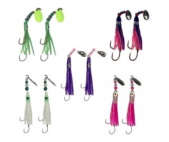 Main image of Squid Fishing Hoochies 10 Pack -Glow Fresh Water Kokanee Salmon Trolling Lures with Pre-Rigged Octopus Hooks - Spinner Blades, Synthetic Skirts Kokanee Hoochies for Salmon Fishing