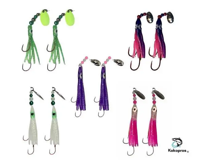 Alt view image 2 of 7 - Squid Fishing Hoochies 10 Pack -Glow Fresh Water Kokanee Salmon Trolling Lures with Pre-Rigged Octopus Hooks - Spinner Blades, Synthetic Skirts Kokanee Hoochies for Salmon Fishing