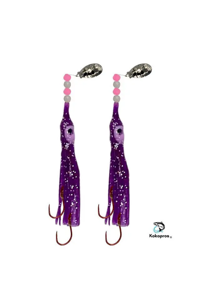 Alt view image 4 of 7 - Squid Fishing Hoochies 10 Pack -Glow Fresh Water Kokanee Salmon Trolling Lures with Pre-Rigged Octopus Hooks - Spinner Blades, Synthetic Skirts Kokanee Hoochies for Salmon Fishing