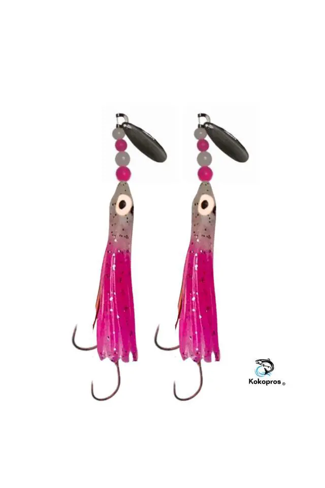 Alt view image 6 of 7 - Squid Fishing Hoochies 10 Pack -Glow Fresh Water Kokanee Salmon Trolling Lures with Pre-Rigged Octopus Hooks - Spinner Blades, Synthetic Skirts Kokanee Hoochies for Salmon Fishing