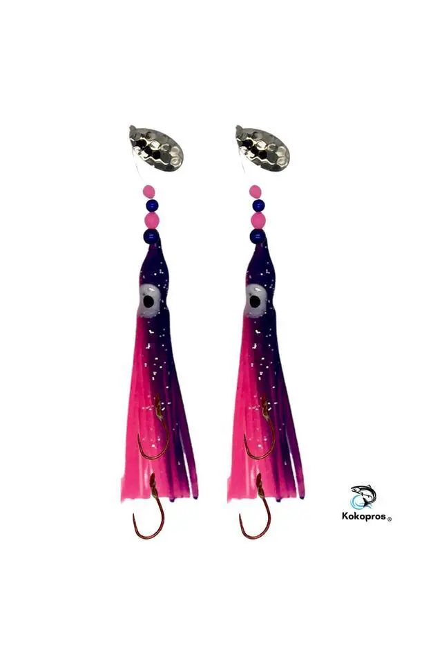 Alt view image 3 of 7 - Squid Fishing Hoochies 10 Pack -Glow Fresh Water Kokanee Salmon Trolling Lures with Pre-Rigged Octopus Hooks - Spinner Blades, Synthetic Skirts Kokanee Hoochies for Salmon Fishing