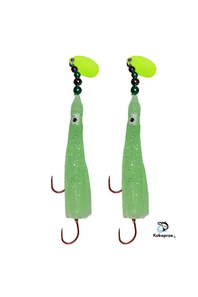 Alt view image 7 of 7 - Squid Fishing Hoochies 10 Pack -Glow Fresh Water Kokanee Salmon Trolling Lures with Pre-Rigged Octopus Hooks - Spinner Blades, Synthetic Skirts Kokanee Hoochies for Salmon Fishing